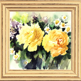 Orginal watercolor painting two lovely yellow roses