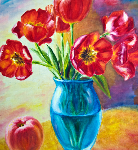 Still life with tulips and peach